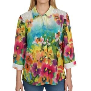 Erin London Sz Small Wearable Art Summer Floral Sheer Blouse Shirt Top Artsy